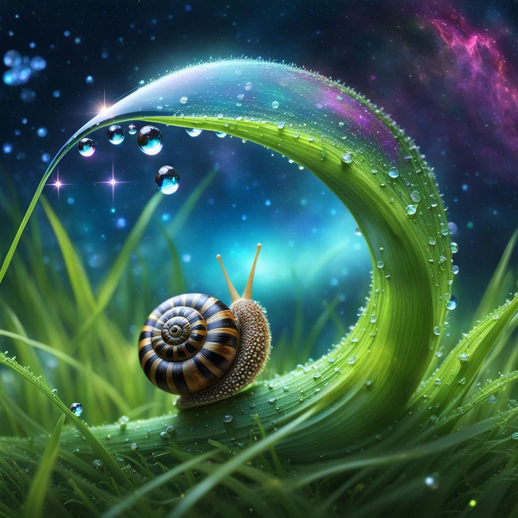 early morning, dew drop sets on a single blade of grass being sipped on by a gentle snail, swirling cosmic ...  by @upwithtrees