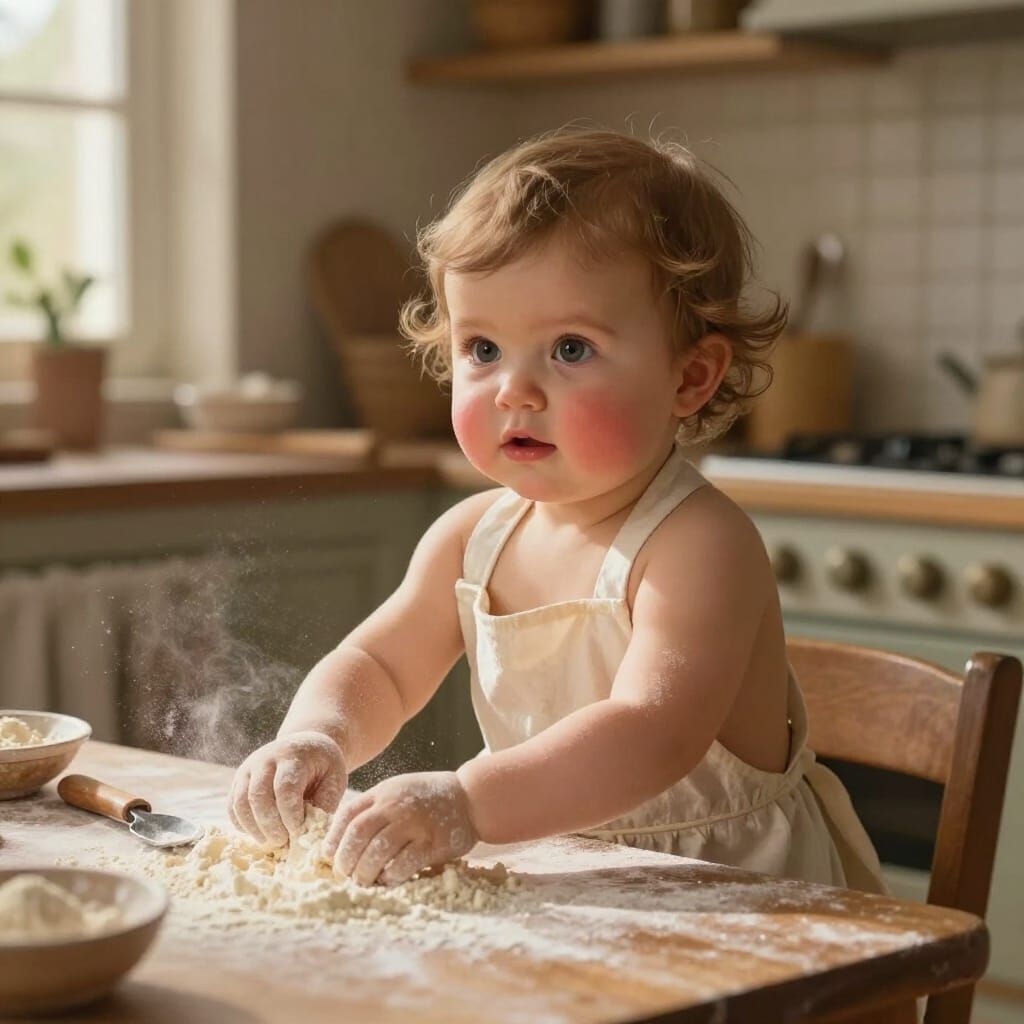 Baby Girl Baking in Sunlit Kitchen