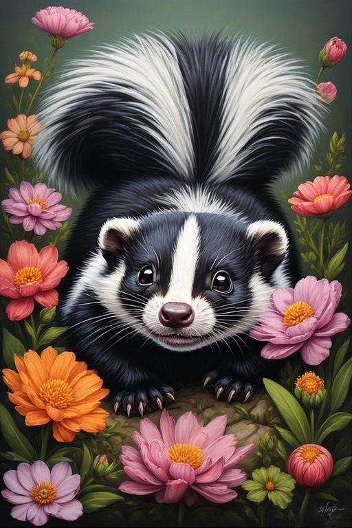 Skunk in a Flower Garden