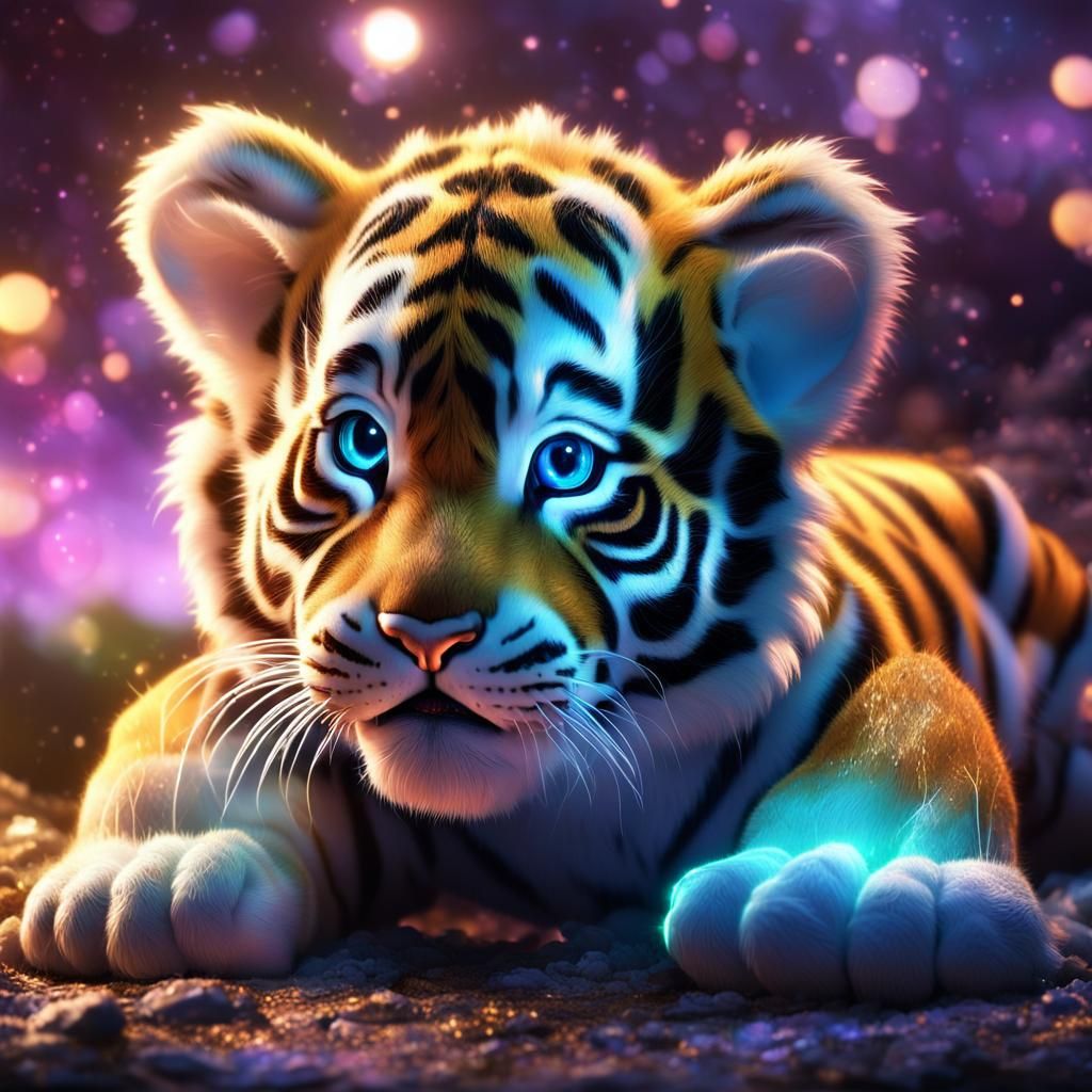 A glorious epic dream magical cute adorable little baby Tiger leaning away forward, veins glowing in electricity,a magic...