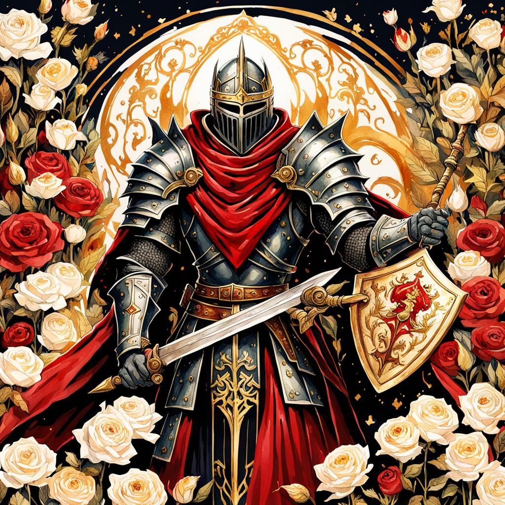 Gothic Knight in Rose Field, Watercolor Style