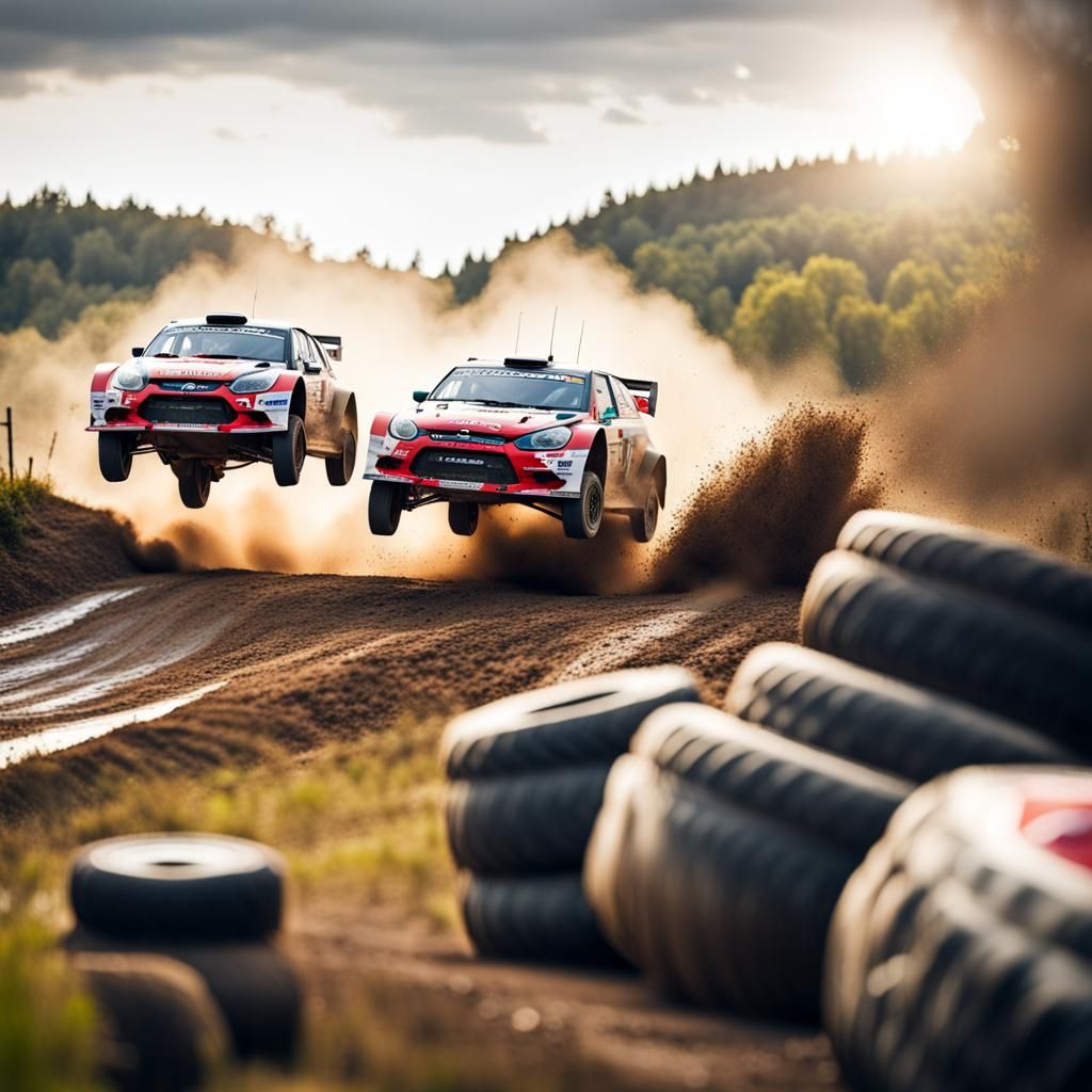Two rally cars in sync jumping over a muddy hill