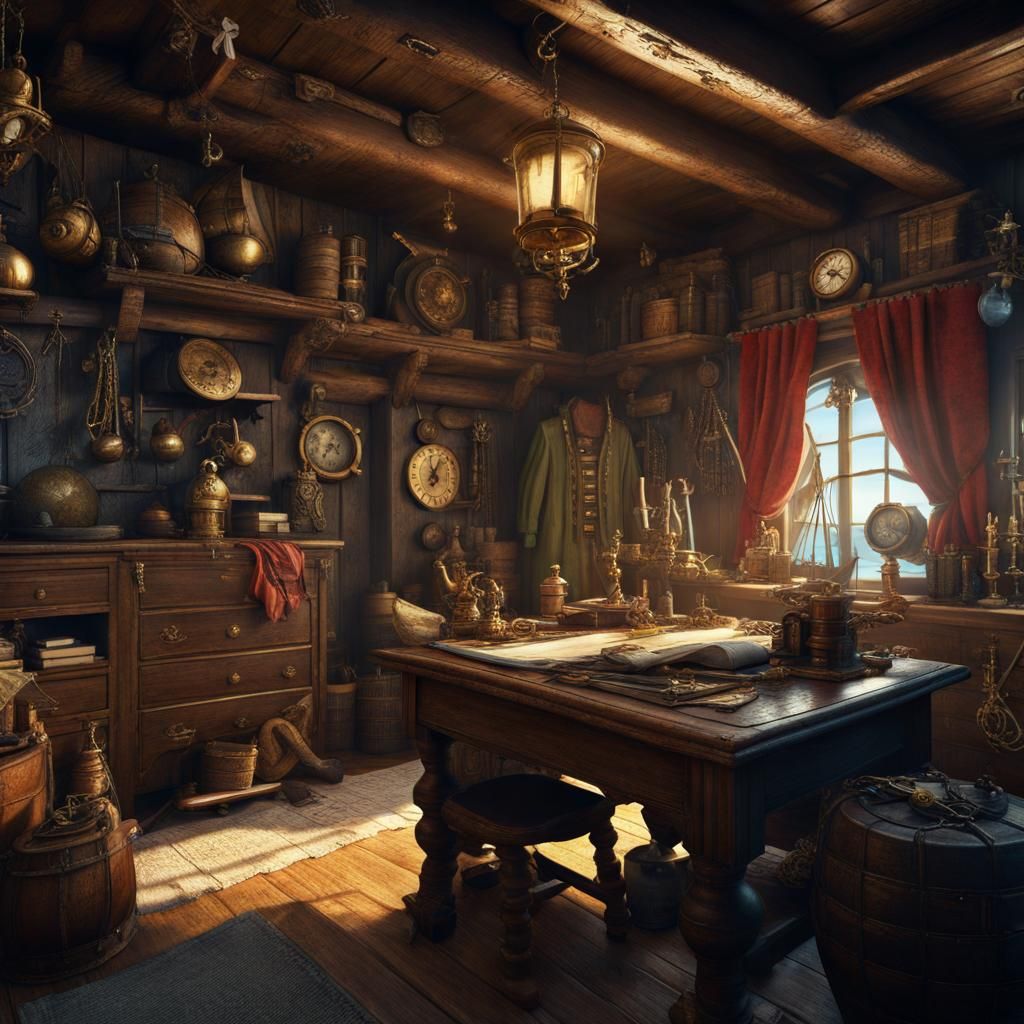 Several pirates in the Captains quarters, pirates, wood, nautical