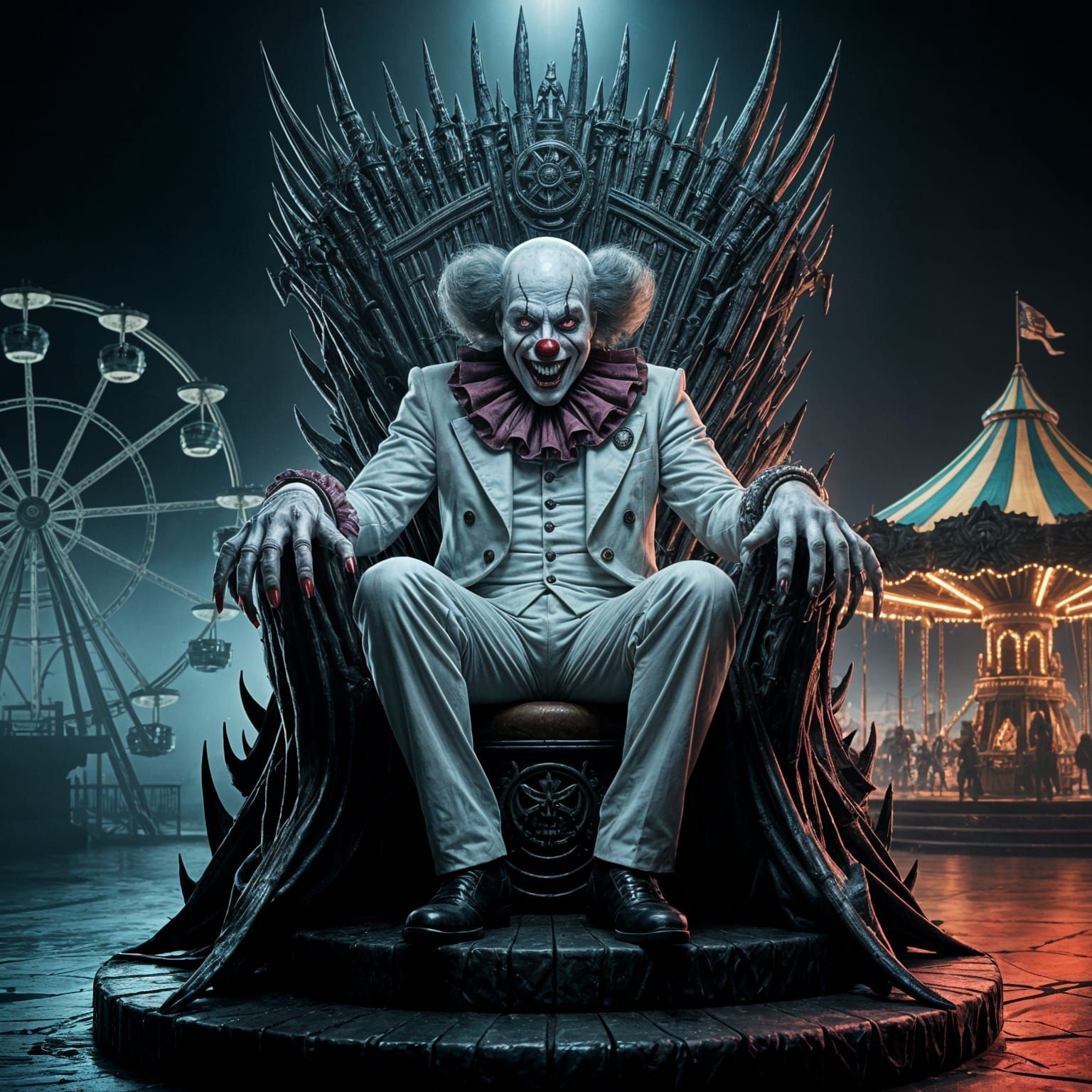 A hyperrealistic super villian mastermind sits hunched upon a jagged, blackened throne made of twisted ...  by @PWC Digital Art