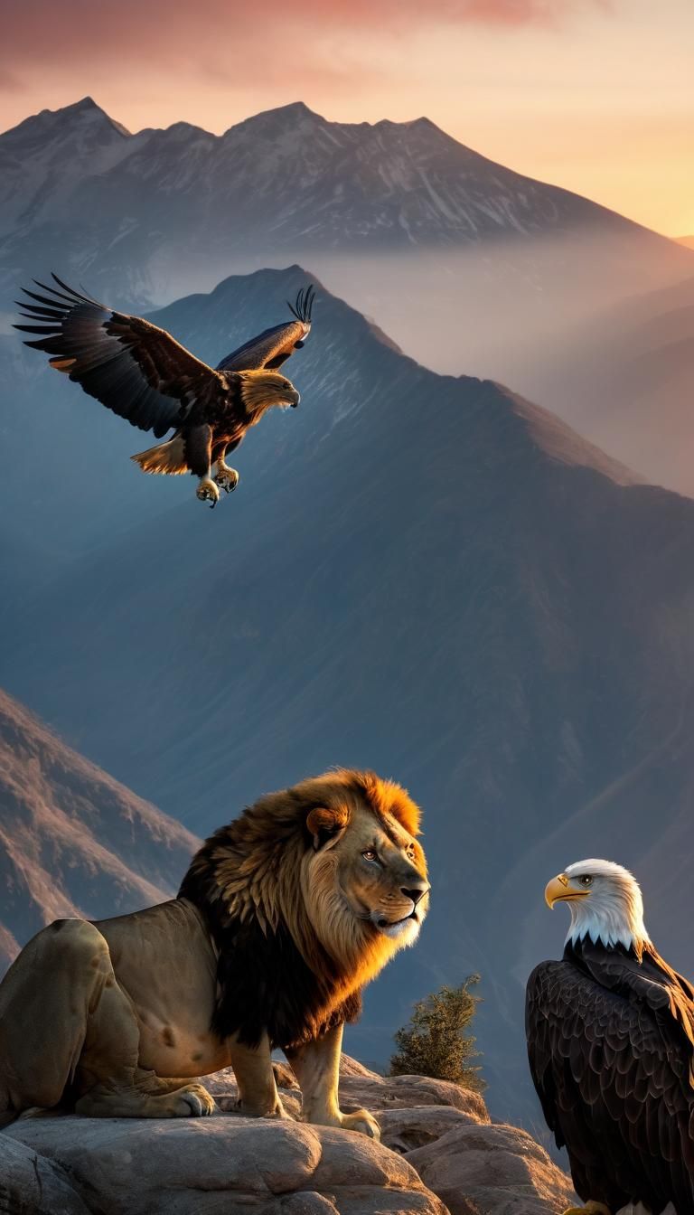 A lion next to an eagle in a mountain with a very beautiful ...