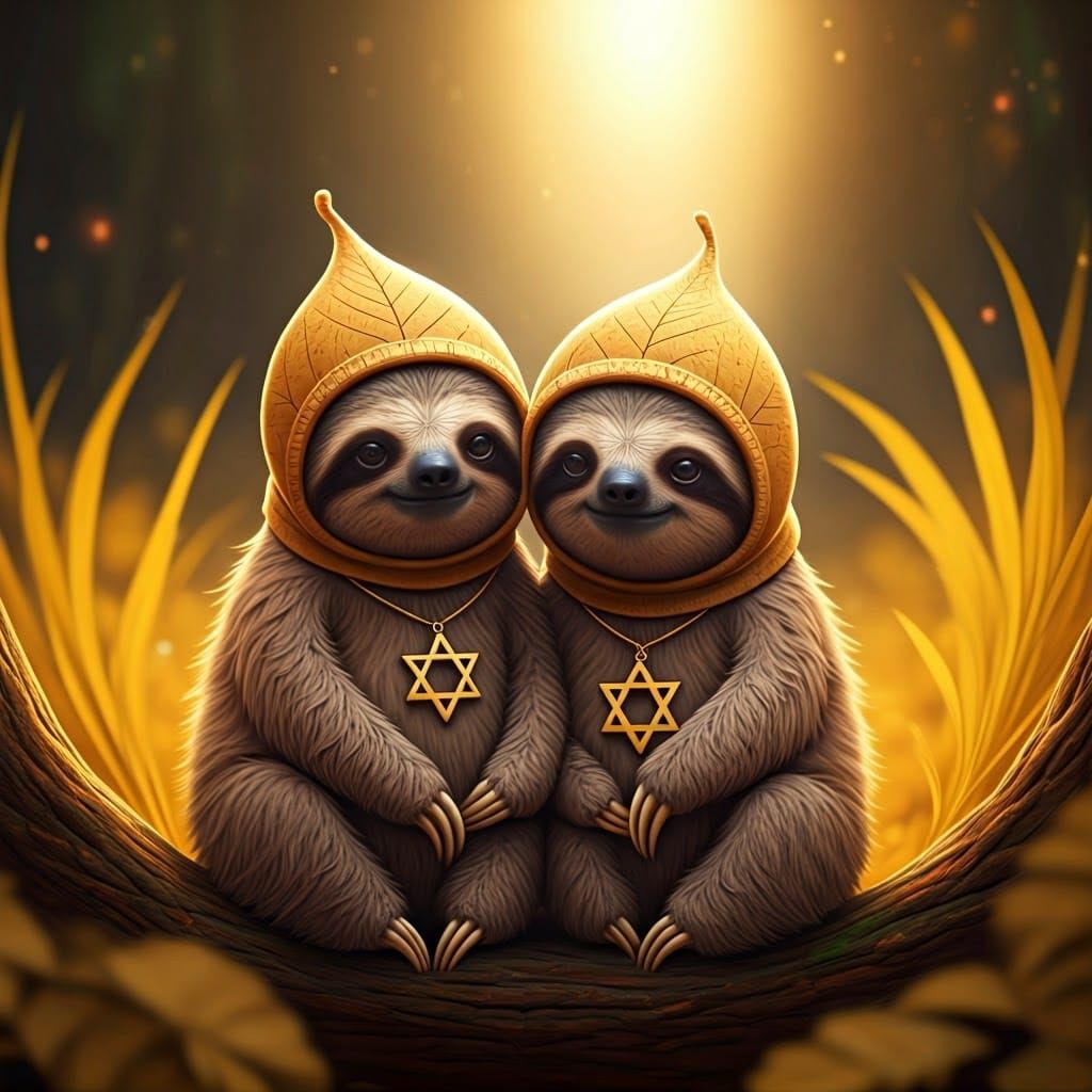 Sloth Twins in Enchanted Forest with Star of David