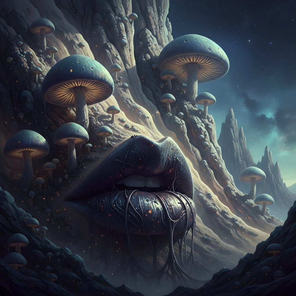 Ancient Cliff Face with Bioluminescent Mushrooms and Whisper...