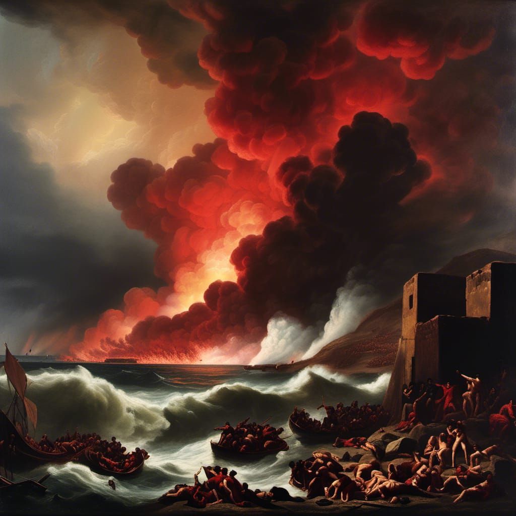 romantic oil painting by gericault, pompeii escape, horror red haze. hyperdetailed academic art oil painting romantic movement eruption art;...