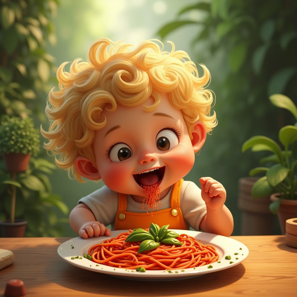Child Eating Spaghetti in Dreamlike Setting