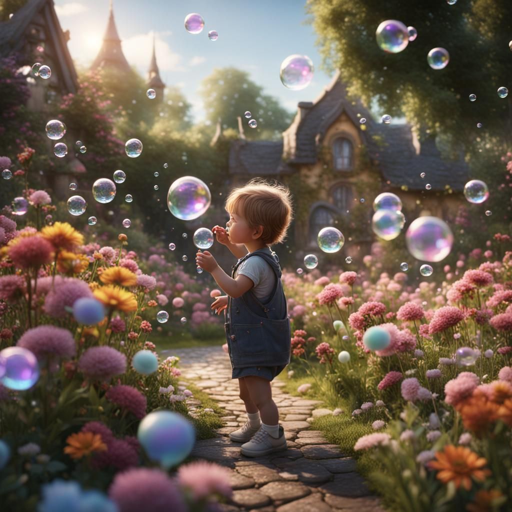 A toddler blowing bubble in the garden full of flowers