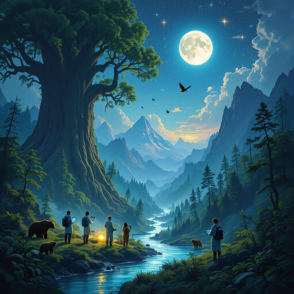 a team of diverse people in the forest, using technology to help improve nature. there are stars in the sky, the moon, the sun, giant lush t...