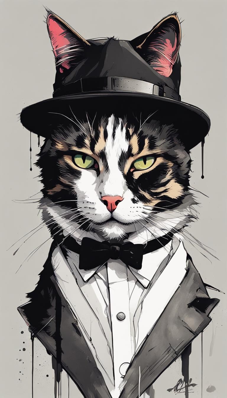 Inkpunk Tuxedo Cat with Beanie Concept Art
