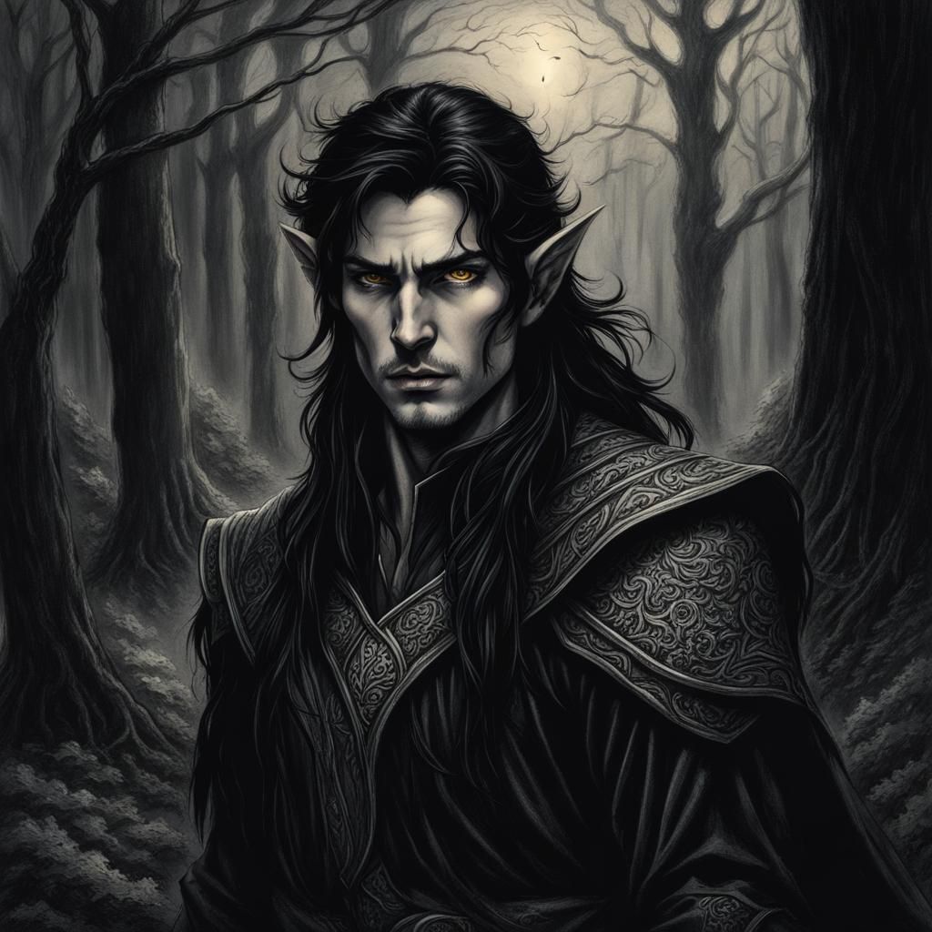 Male elf pointy ears long flowing black hair amber eyes fair Male elf pointy ears long flowing black hair amber eyes fair