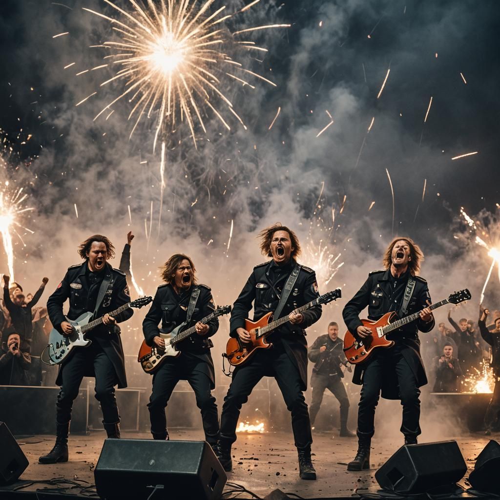 A picture of four German soldiers wearing coats and boots holding guitar solos on stage frantically, giving off a Metall...