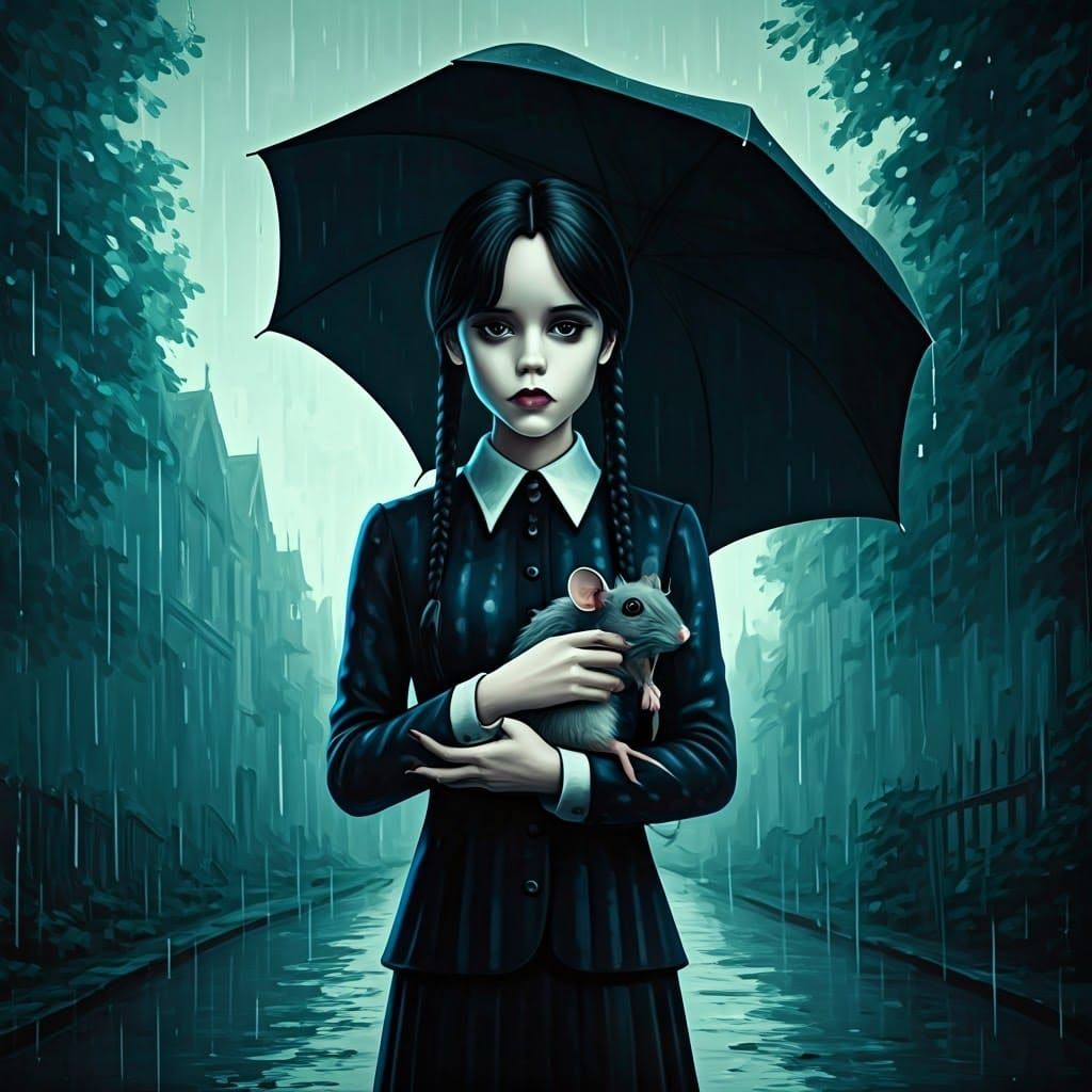 (☠️☔🐀:1.3) Surreal Wednesday Addams Standing in the rain  under her umbrella holding her pet rat Alcohol ...  by @Shannon 