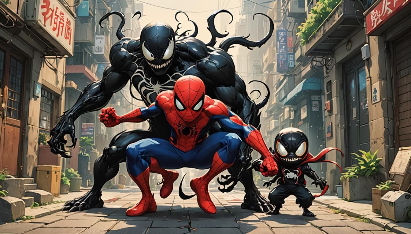 Full-body photo, Spider-Man and Venom as cute lovable charac...