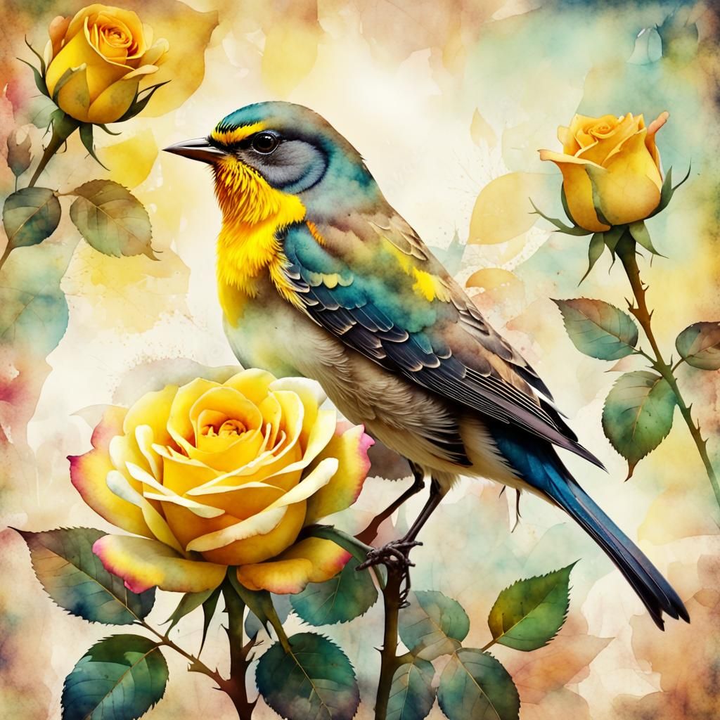 Colorful Songbird Double Exposure Watercolor