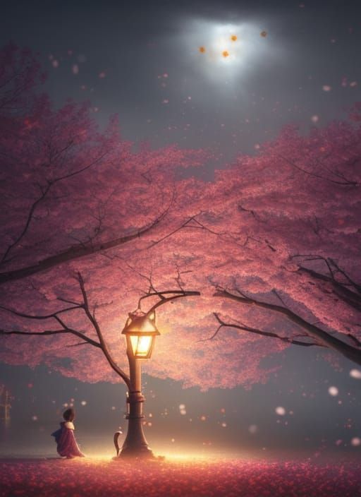 a small light you find grows a lush garden of fantasy cherry blossom trees, tiny glowing cherry blossom petals in the air, a Japanese flag d...