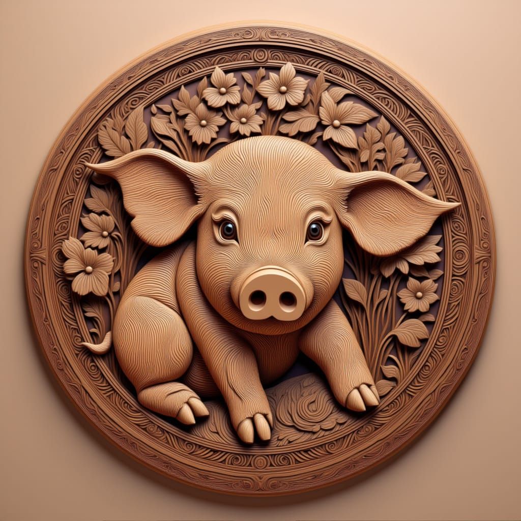 A wooden relief carving of an adorable pig in a flower garden, delicately tinted <lora:Wooden Carving:1.0>