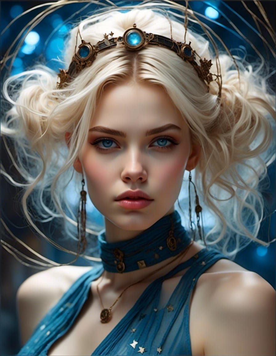 <lora:Dreamy:1.0> amorphous transparent silhouette of a girl with a disk halo of constellations, white hair in a low bun, blue eyes, emittin...