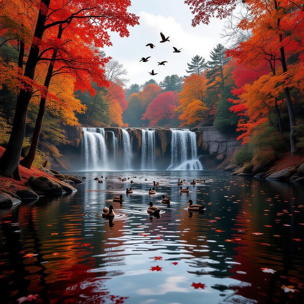 Autumn trees with red and orange leaves. Leaves falling down on the ground. A big waterfall in the middle, water falls in a small lake. Leav...
