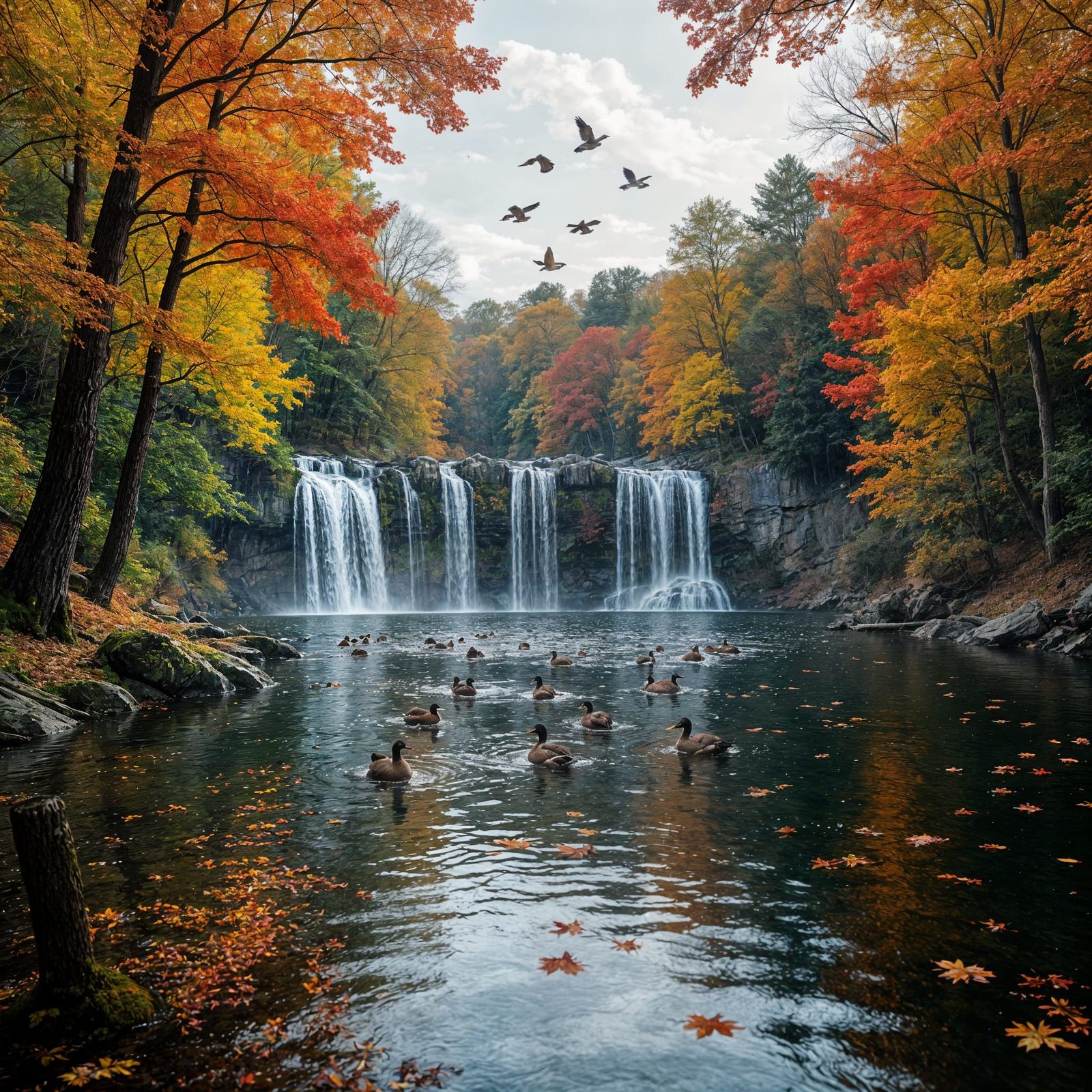 Autumn trees with red and orange leaves. Leaves falling down on the ground. A big waterfall in the middle, ...  by @TerYeah 