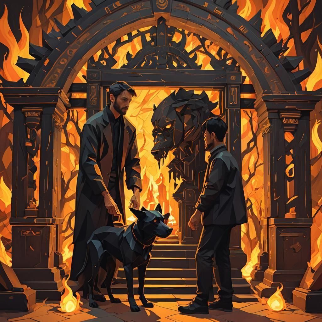 a man turning into a little black dog.  the audience is appalled. Use offset techniques.  the scene is turning on an elaborate machine like...