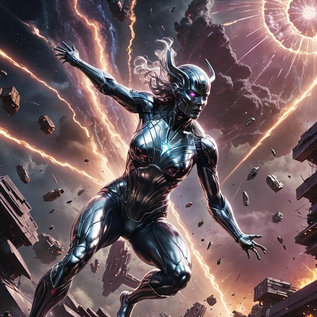 Female silver surfer shooting energy at galactus