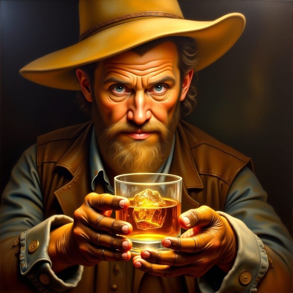 <lora:Flux Oil and Glory:1.0> A flaming ice cube in a glass of whiskey. A cowboy holding the drink in his hand, staring at it with desire. M...
