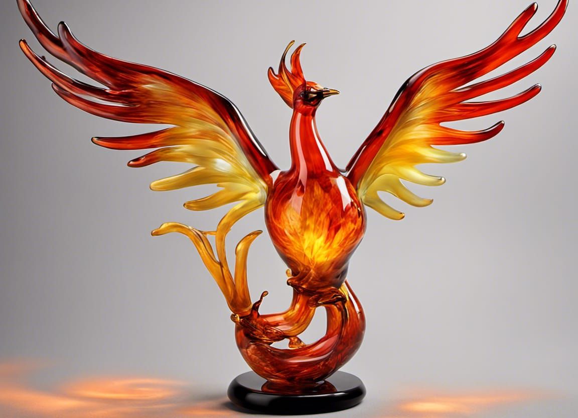 mythical blown glass phoenix with fiery, translucent wings that seem to