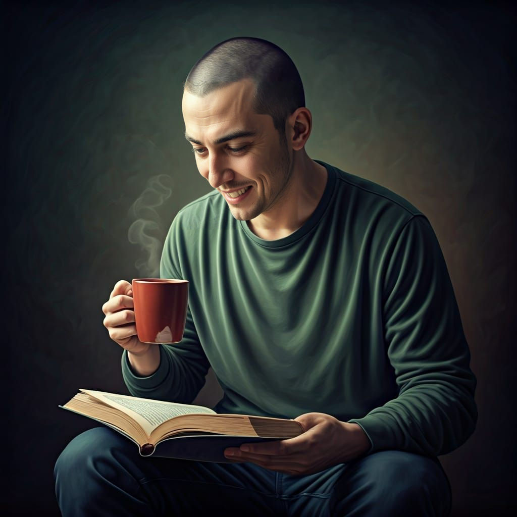 Young Man Reading with Coffee, Detailed Digital Art