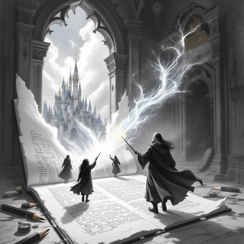 A pencil sketch bursting into reality, where drawn figures step off the page and the pencil itself turns into a wand of pure imagination.