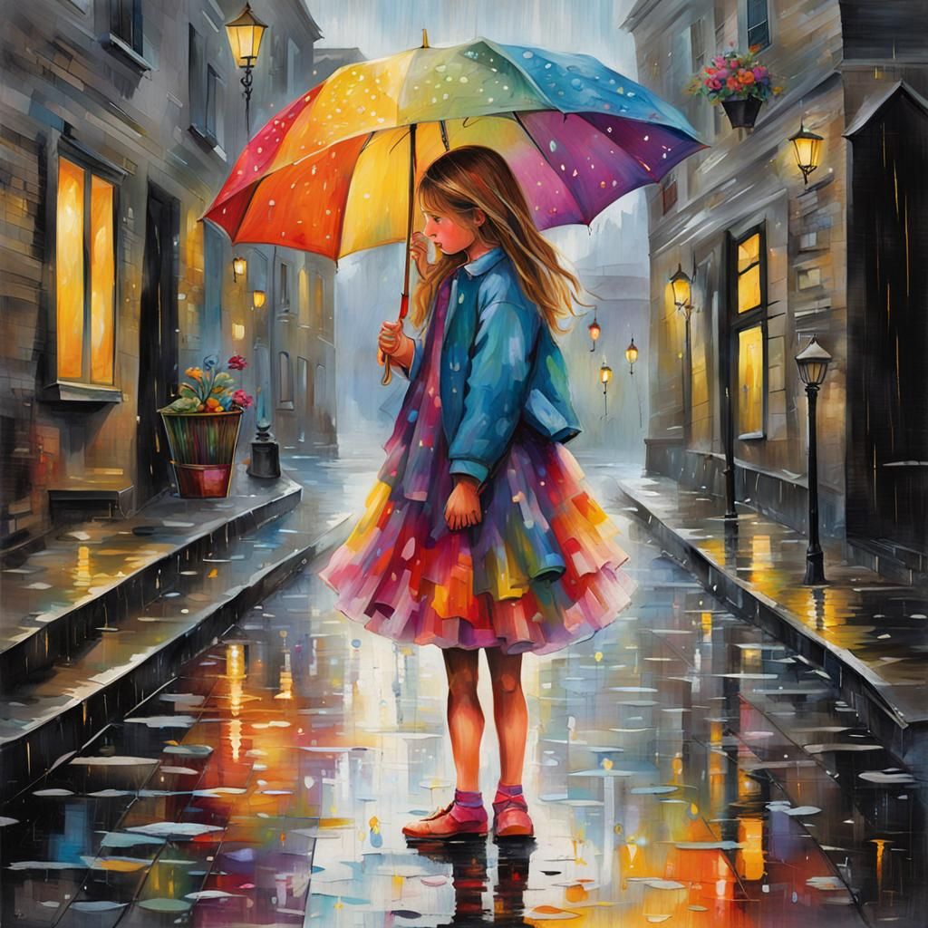 In the midst of a gentle rainfall, a young girl stands gracefully on a cobblestone street, adorned in a beautifully flowing dress that dance...