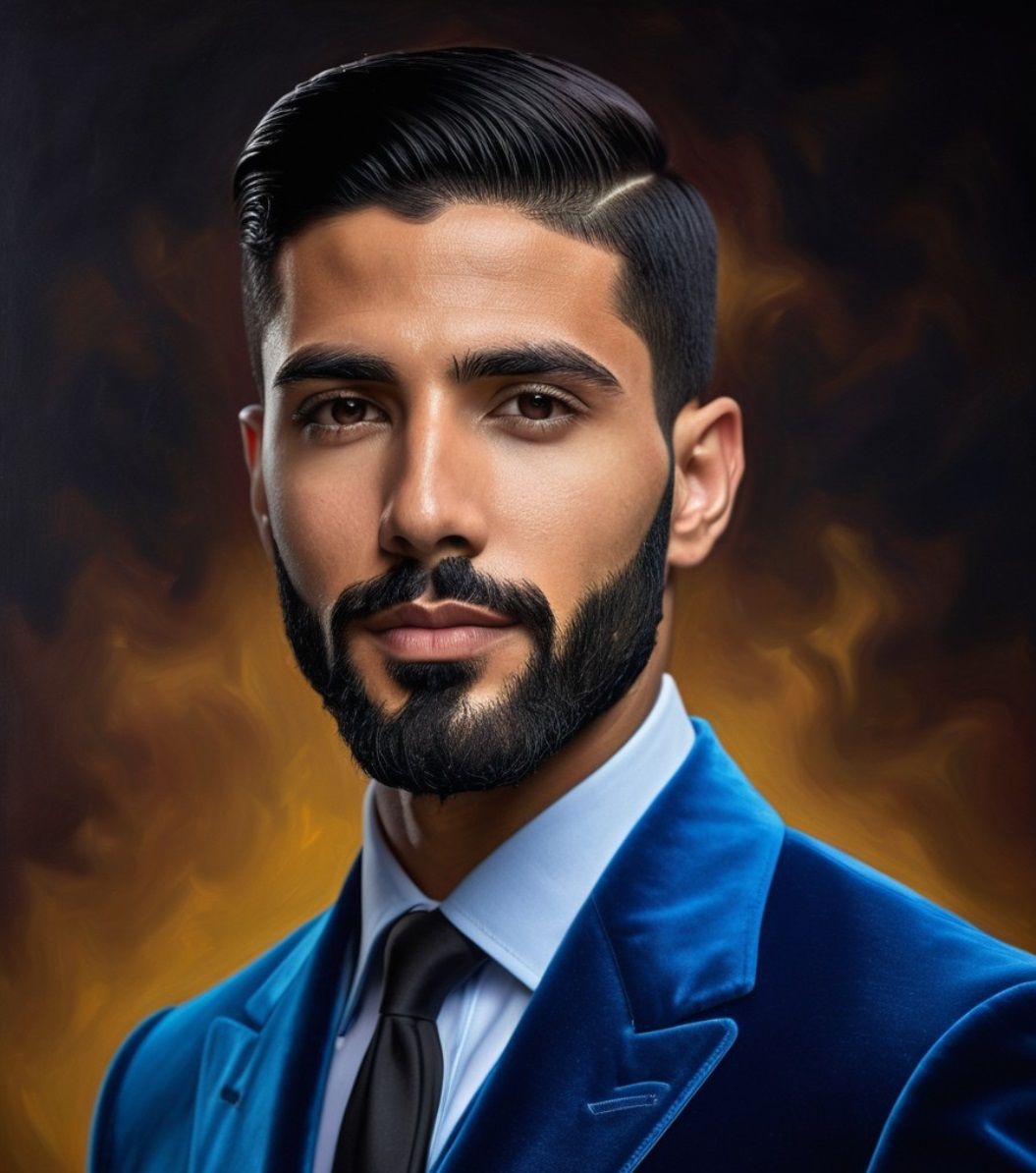 A handsome man with black hair and beard, wearing a  blue  v...