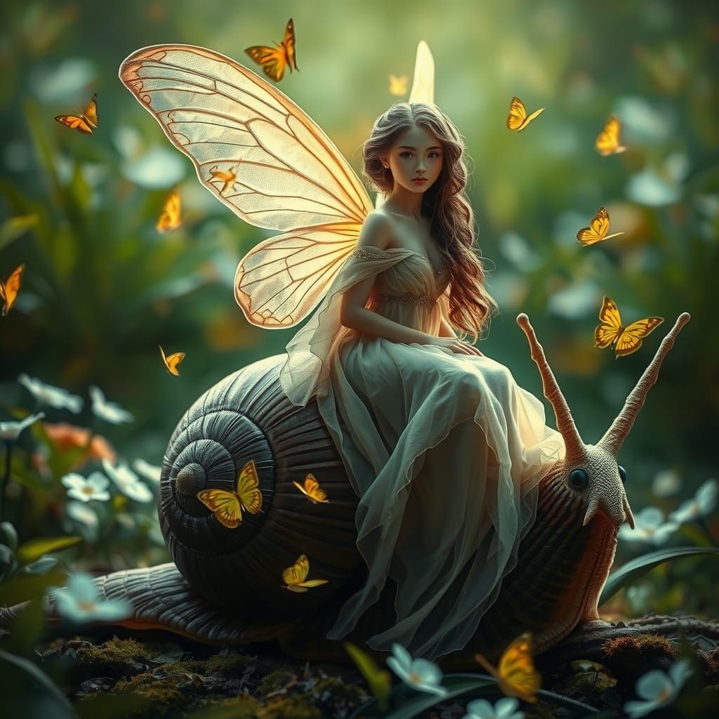 “An enchanting fairy with delicate, translucent wings sits gracefully atop a giant snail. The fairy wears ...  by @Chop