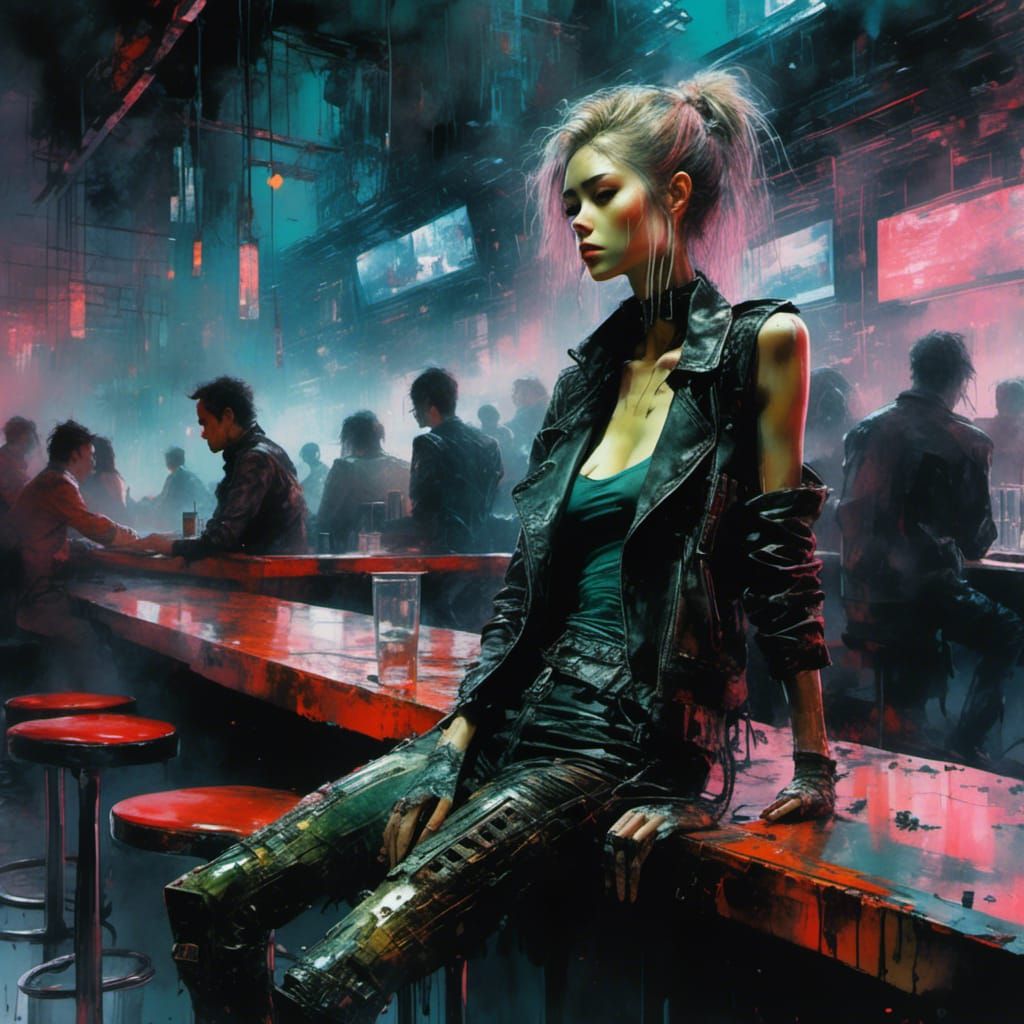 <lora:After Life:1.0> "8k; a stunning athletic kitsch anime girl s standing at a bar; grimy liquid gouache; pen; water color painting by Ku...