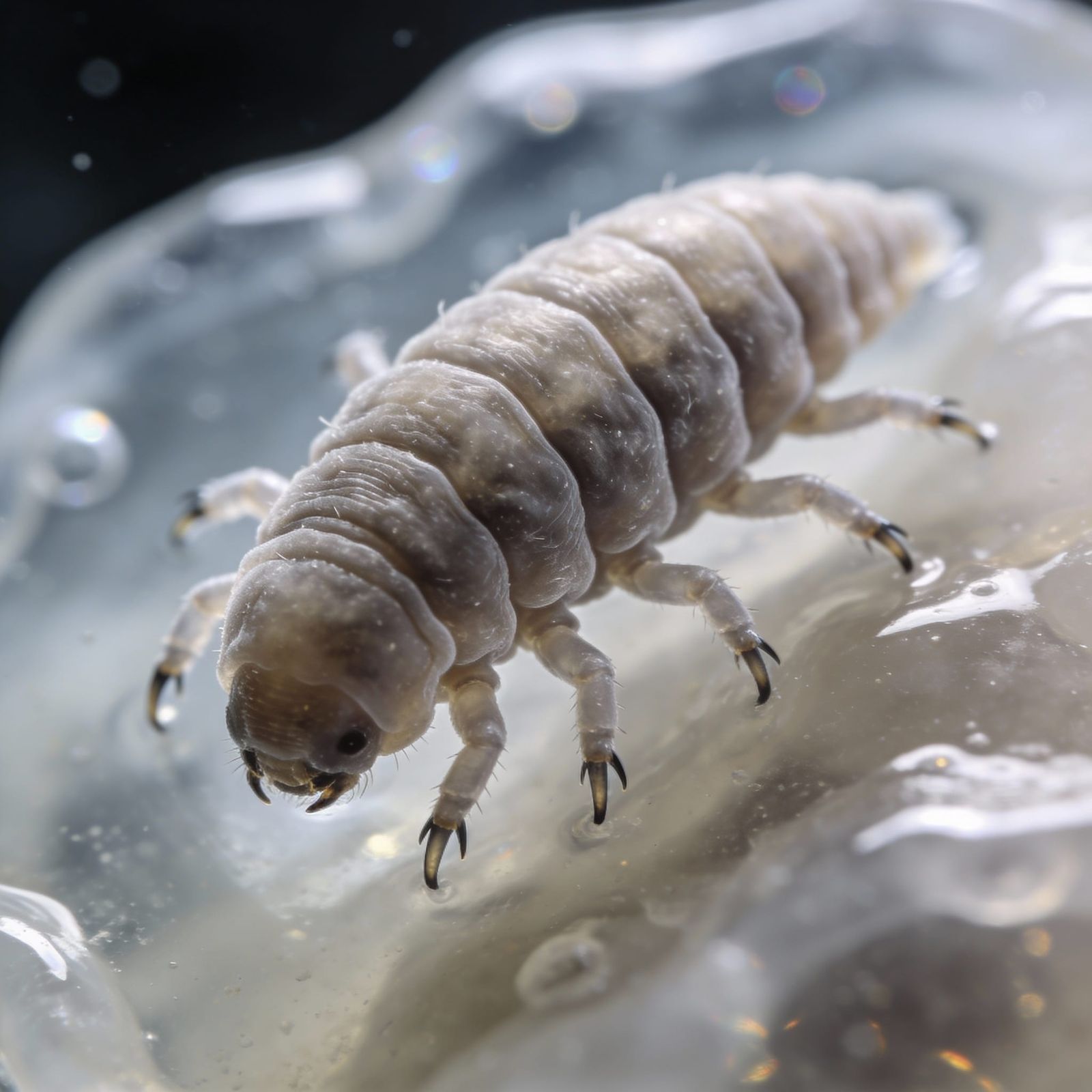 A tarigade water bear swimming in a gel like substance. Science ,study close up   by @symon