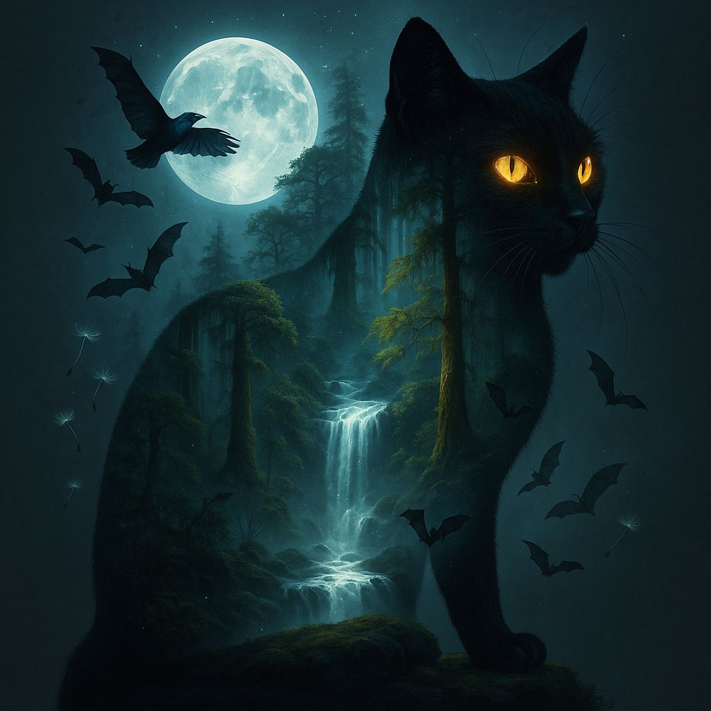 A surreal double-exposure animation blends a dark silhouette of a black cat with a mystical forest landscape unfolding i...