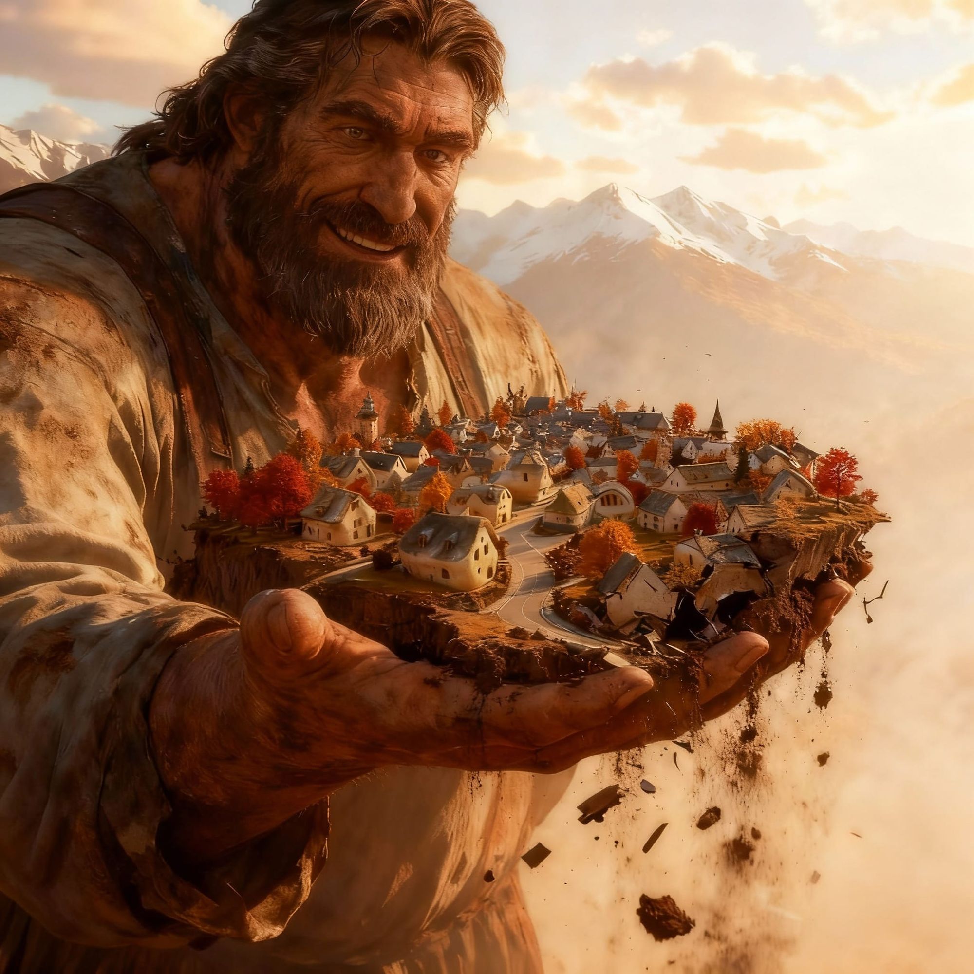 Create a scene with an extreme birds eye view of a small village that is in a mountain valley in autumn.  only deciduous trees are seen cove...