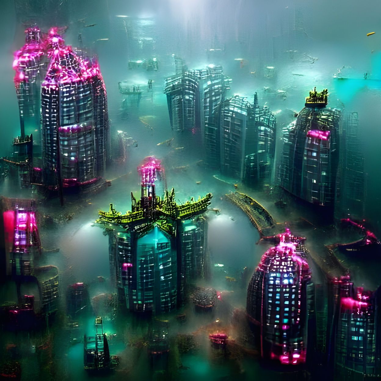 Cyberpunk undersea dystopian city