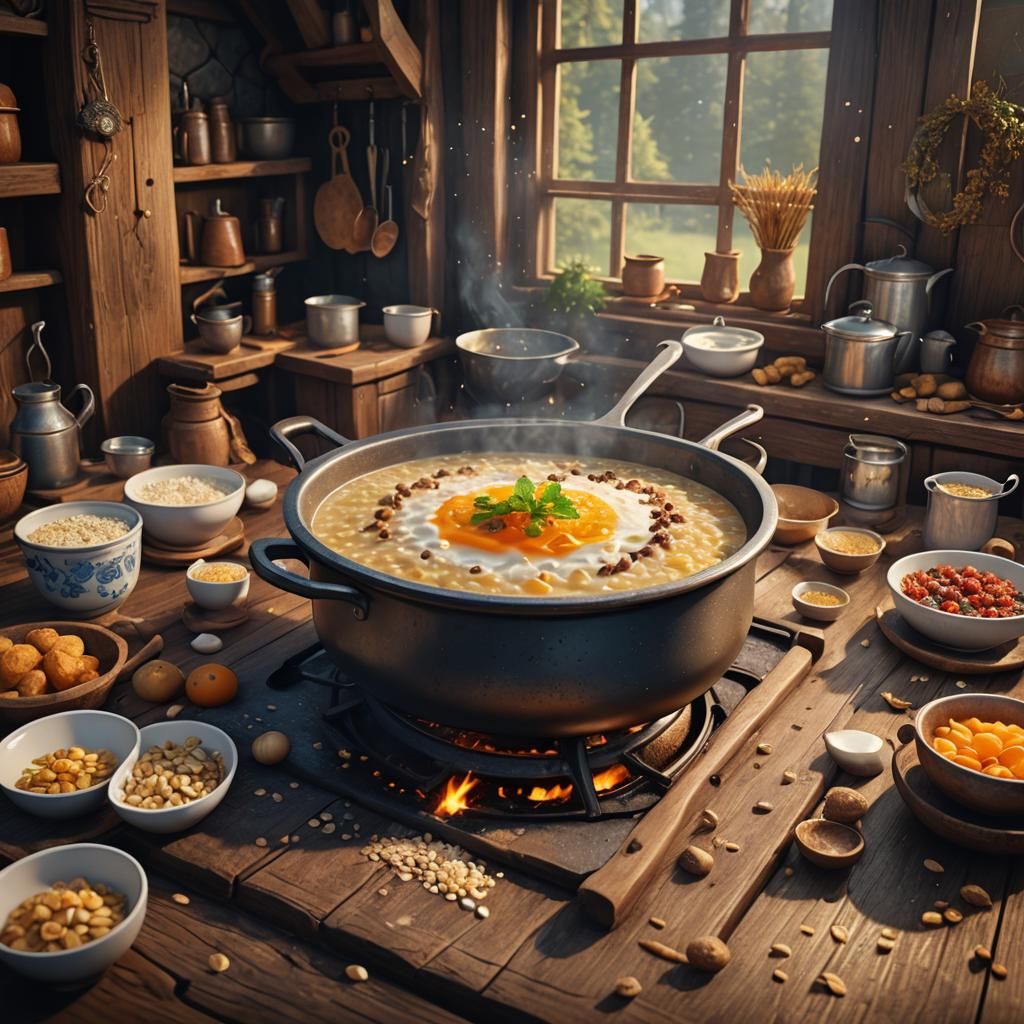 Cooking porridge in wooden kitchen