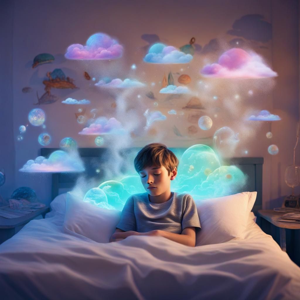 a boy in a bed having holographic vapour dreams of beaches c...