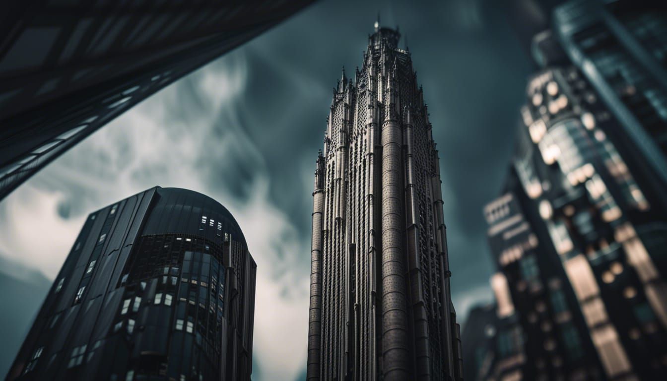 a Gothic skyscraper in the center of a modern city