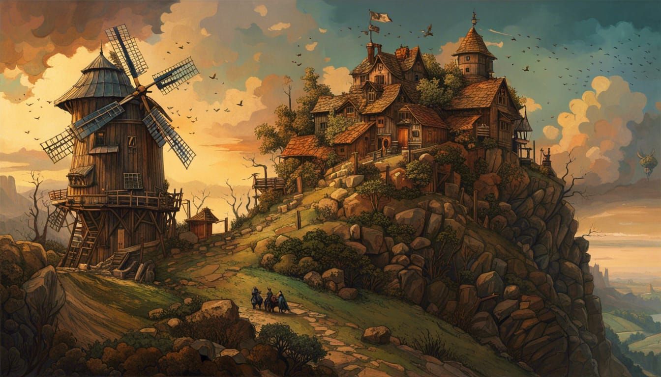Windmill perched on a hill by Leonardo da Vinci, A breathtaking masterpiece fantasycore artwork by Android ...  by @Jokavld