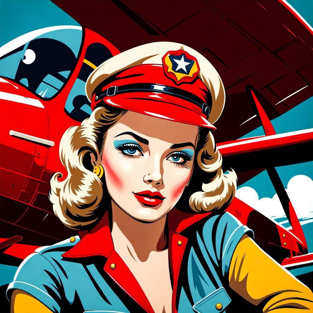 colored pop art in the style of Roy Lichtenstein, cute pinup, with a bewitching look and with an aviator ...  by @Killyan