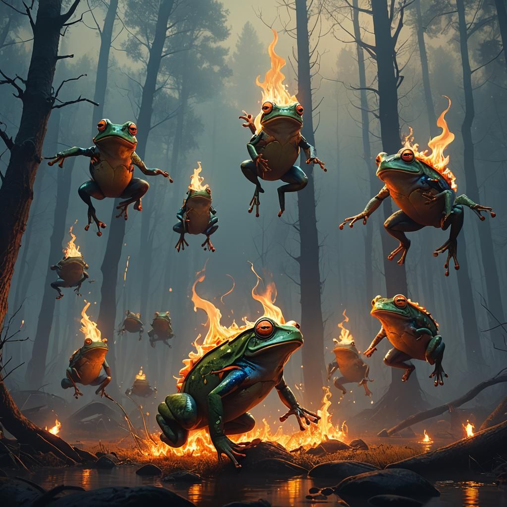 Frogs Jumping into Flames: Fantasy Matte Painting