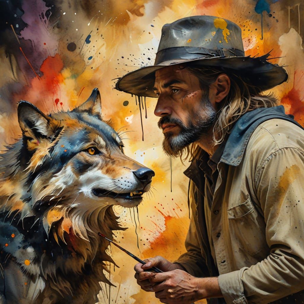 Italian Painter's Watercolor Wolf with Scary Background