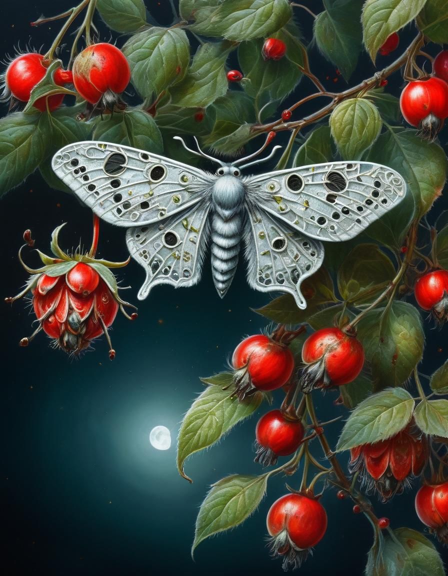 green silver moth, resting on red rosehip berries, moon, sil...