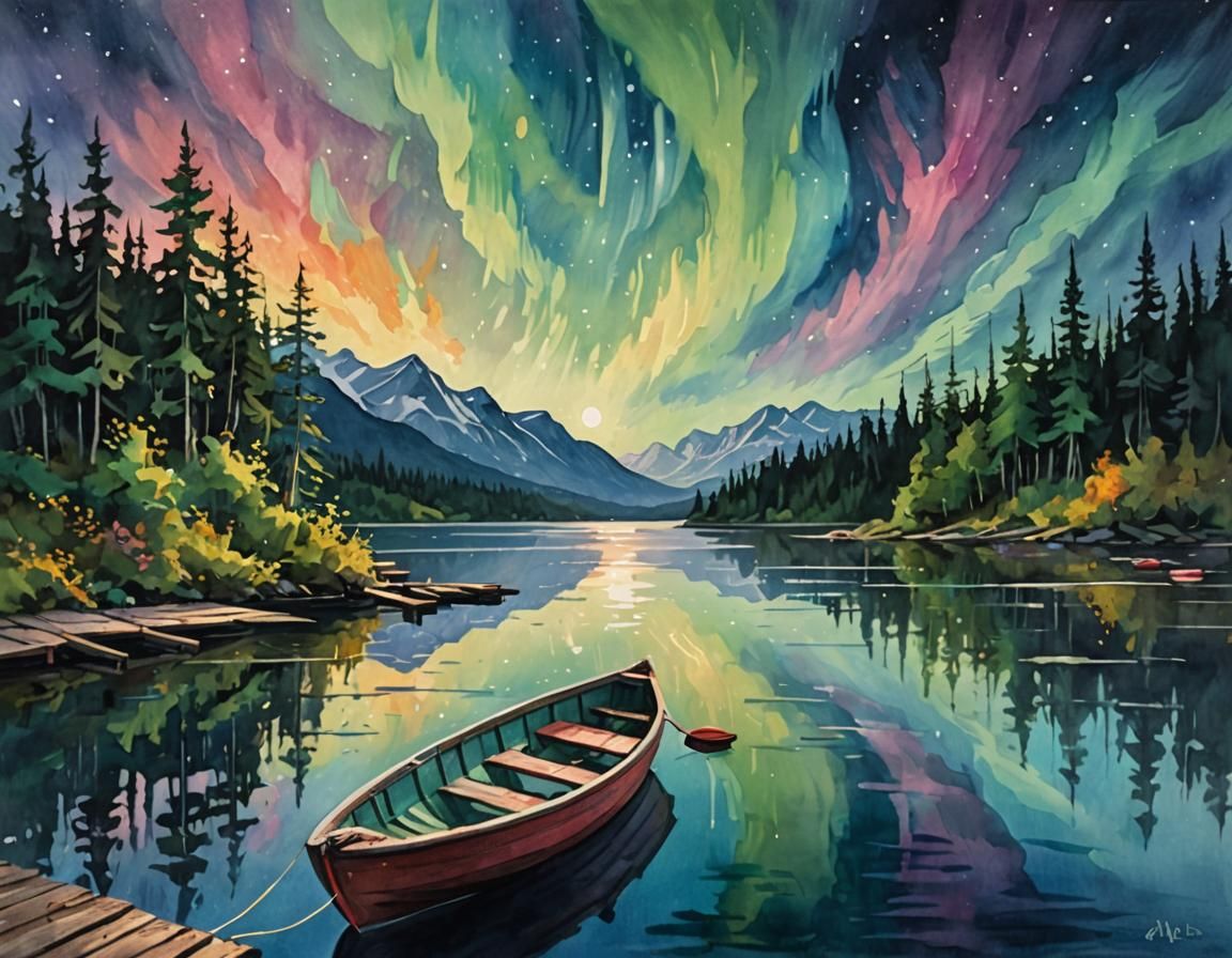 A boat tied to a dock on a lake in Alaska, the northern lights glowing in the sky above it in Gouache Style, Watercolor, Museum Epic Impress...