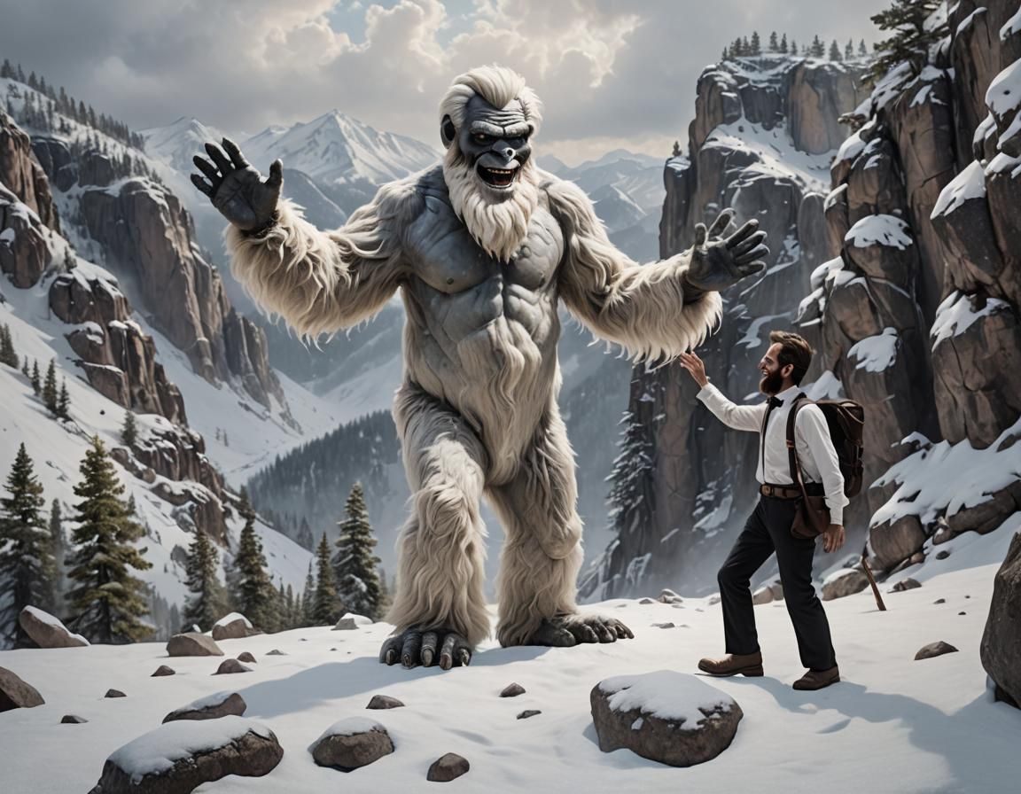 A yeti meets Abraham Lincoln in the mountains